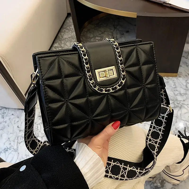 

2025 Quilted Crossbody Bag Women's Luxury Shoulder Purse Wide Strap Handbag Embroidered Chain Bag Fall Winter Fashion