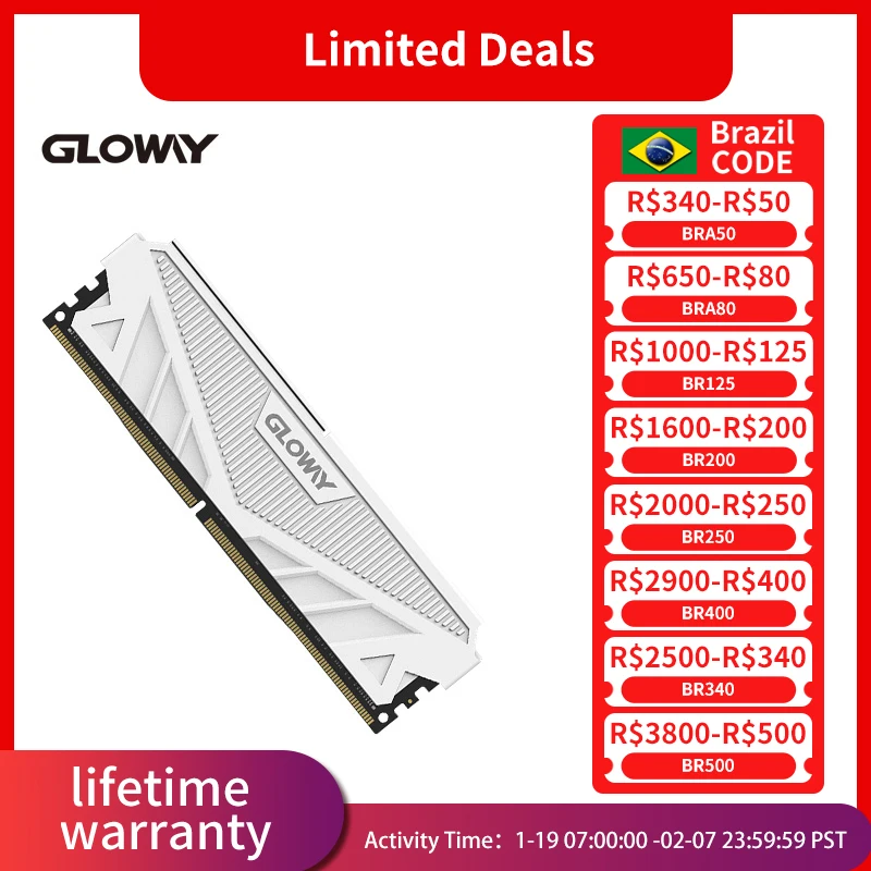 Gloway Memoria RAM DDR4 16GB 3200mhz 32GB (8GBX2) (16GBX2) Memória de dissipador de calor de mesa para computador