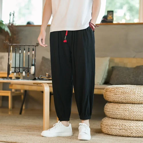 Pantalones bombachos informales para hombre, pantalón holgado de algodón y lino, de gran tamaño, de pierna ancha, para la playa