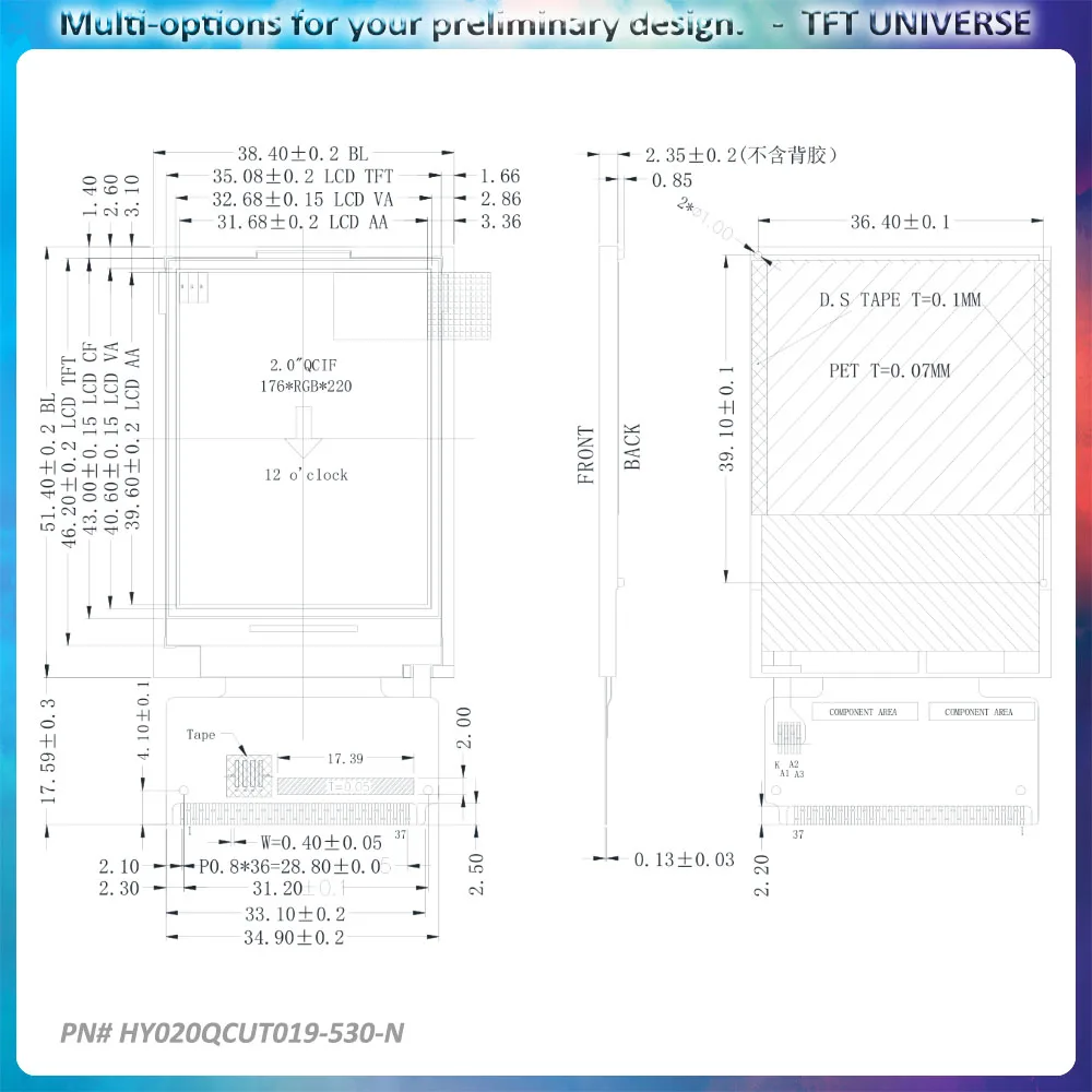 Dispositivo de inspeção de interface lcd 176x220 mcu, 2 polegadas, display de alto brilho, controlador 530nits, toque st7775r para personalização