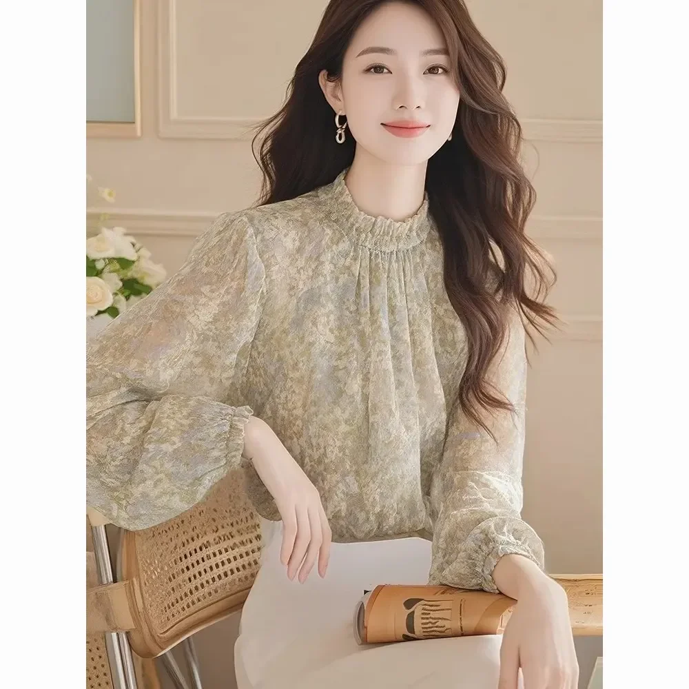 Lente Kantoor Dame Eenvoud Elegant Trend Sexy Afdrukken Lange mouw O-hals Goed ontworpen Vrouwelijk Jeugd Levendig Helder Gemakkelijk