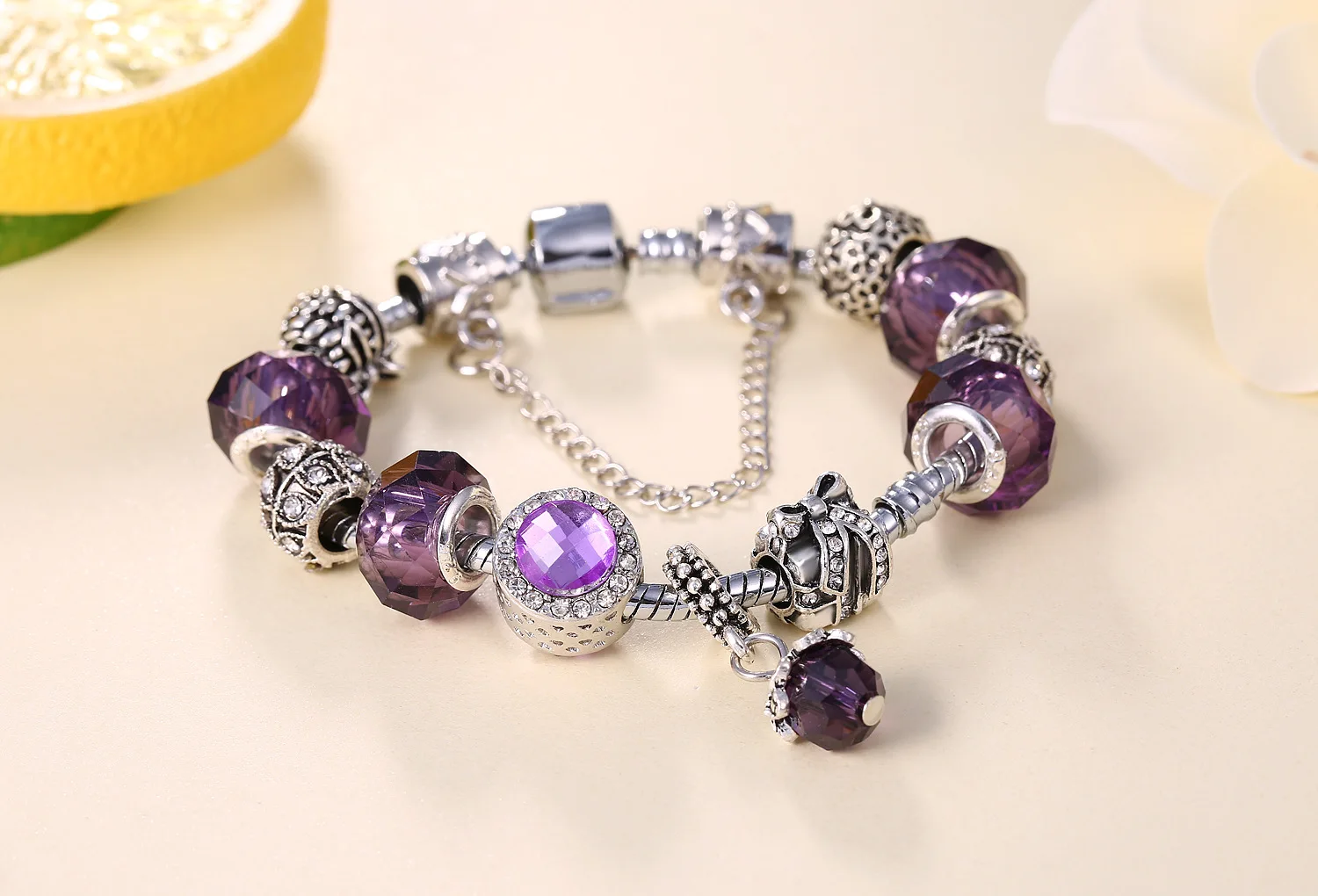 Purple Crystal Princess Heart Charm Silver Plated Bracelet DIY Beaded Crystal Bracelet Wholesale