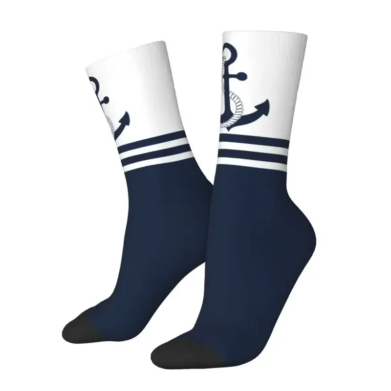 Nautical Blue Anchors With Blue And White Stripes Socks for Men Women Stretchy Summer Autumn Winter Sailing Sailor Crew Socks