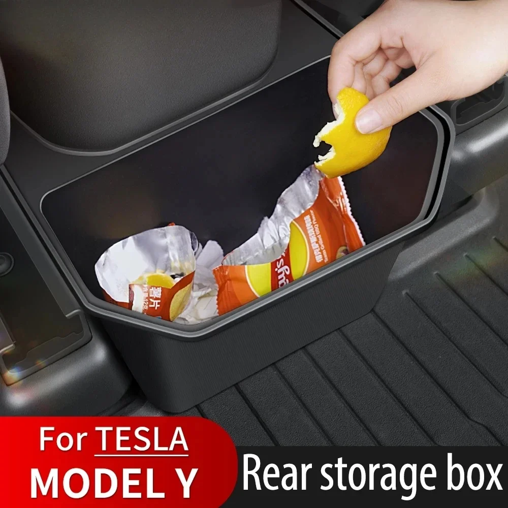 For Tesla 2022 2023 Model Y TPE Rear Center Console Storage Box Organizer Box with Cover Trash Can Under Seat Car Accessories