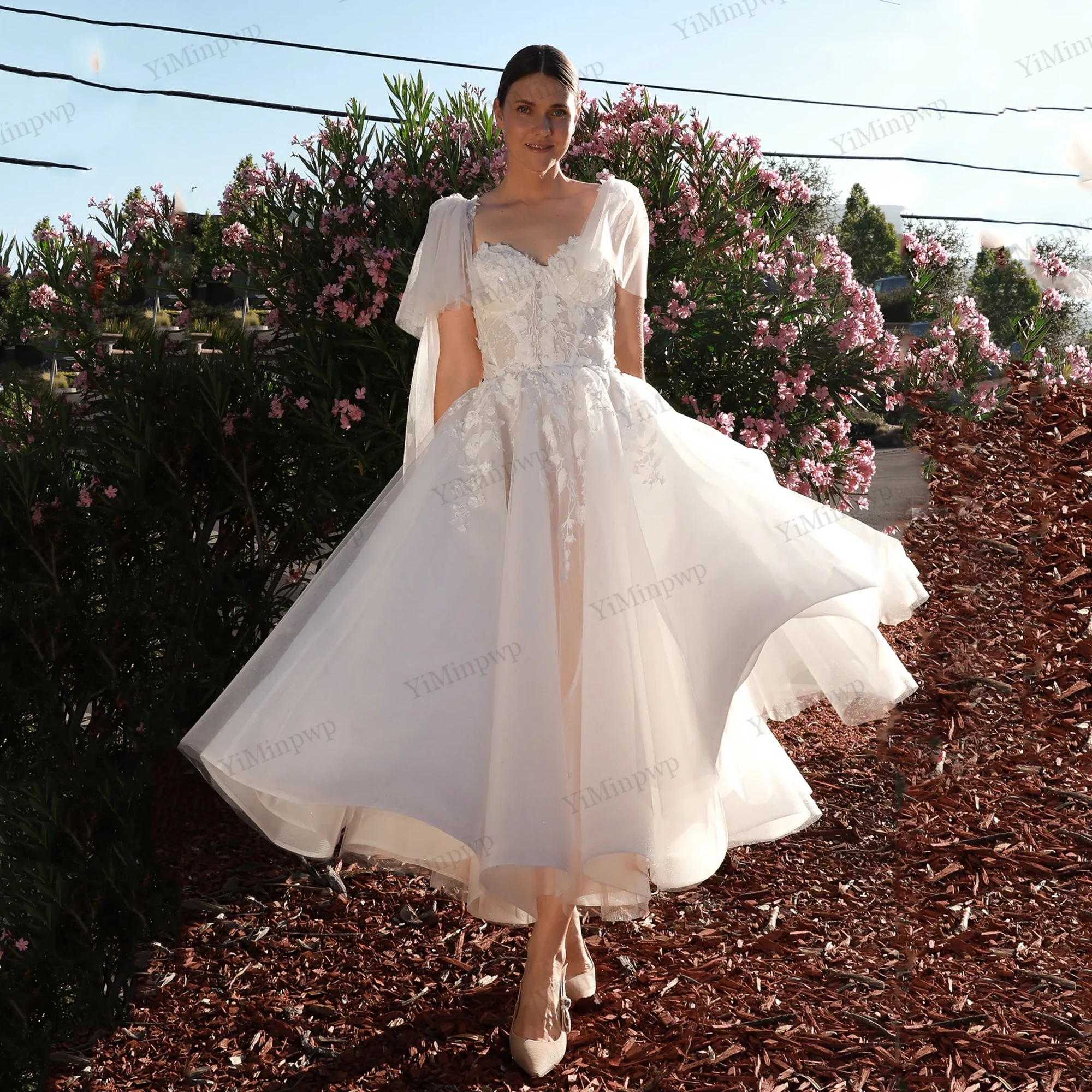 Summer Wedding Dresses for Bride Spaghtti Midi Length A Line Lace Beads Sequin Tulle Garden Minimalist Bridal Gowns Customized