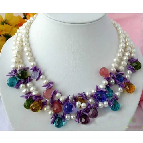 

Favorite Pearl Jewelry,3Row 14mm White Real Pearl Multicolor Crystal Necklace,Perfect Wedding Birthday Party Charming Lady Gift.