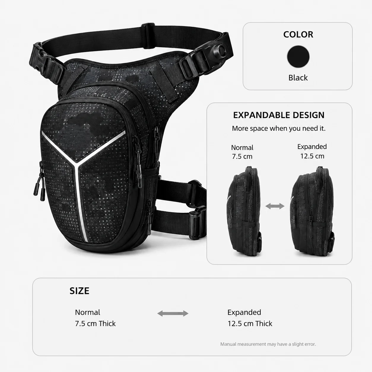Motorcycle Leg Bag Expandable Water Resistant Reflective Thigh Waist Pack Multi Pocket Riding Fanny Pouch for Men Travel