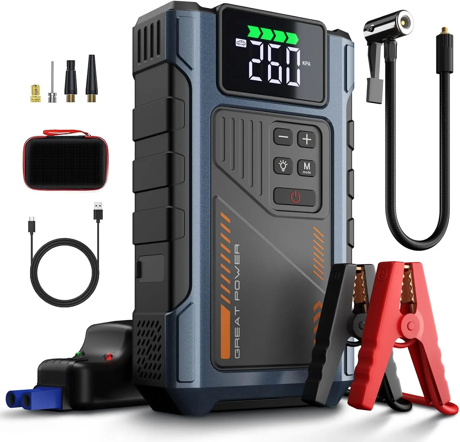

4500A Portable Car Jump Starter with Air Compressor, 12V Battery Booster & 150PSI Tire Inflator for Vehicles