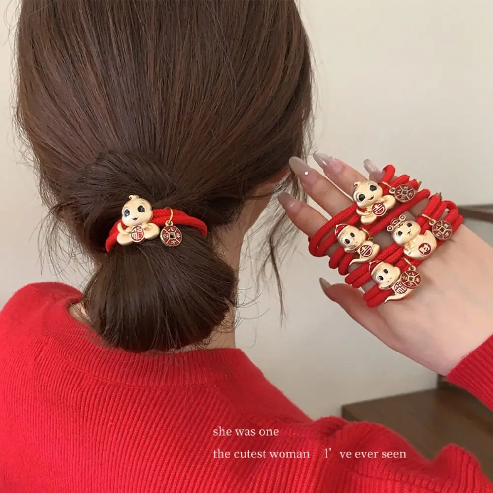 

Red New Year Hair Rope Rhinestone Alloy Snake Year Hair Ring Hair Accessories Ponytail Holder Chinese Style Bracelet Girls