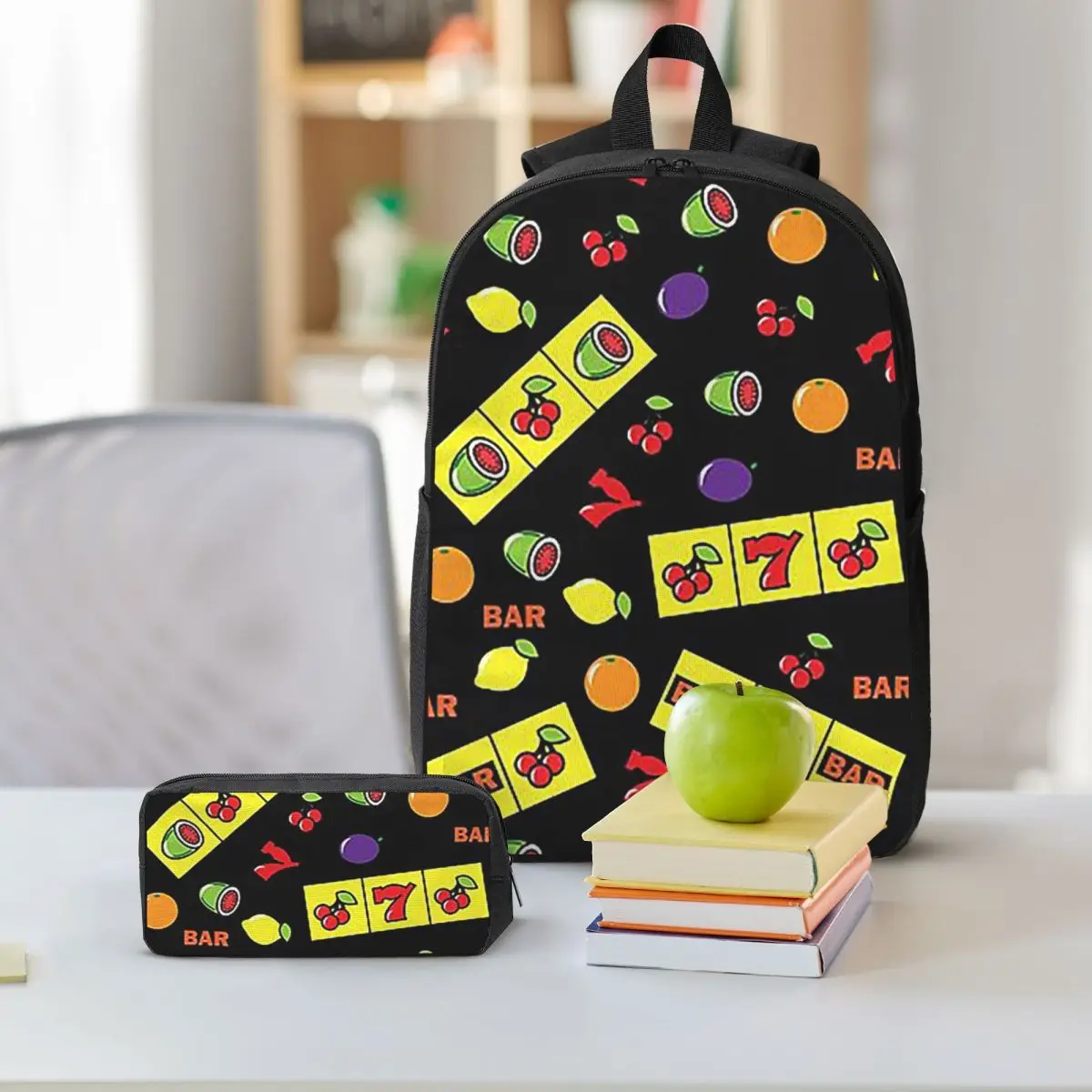 Casino Lucky Slots Cherry Melon Lemon Fruit Backpack BookBag School Bag Shoulder Bags 3ps Insulated Lunch Bag Pencil Case