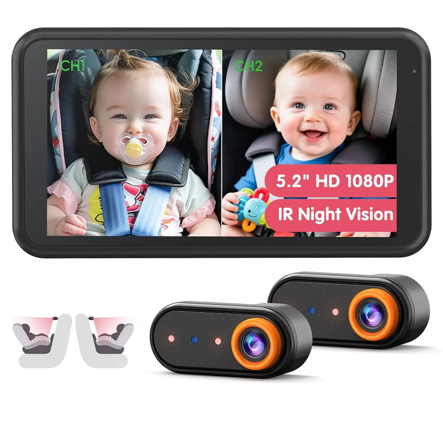 

5.2" Dual Car Camera for Rear-Facing Seats, 1080P HD Display with IR Night Vision & Anti-Shake Mount - Easy Install
