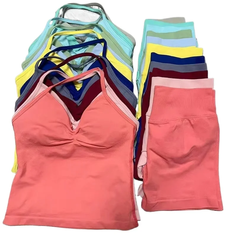 

Impact Gym Set Women Two Piece Set Backless Tank Yoga Tops High Waist Scrunch Seamless Shorts Sport Suit Sportswear Workout Set