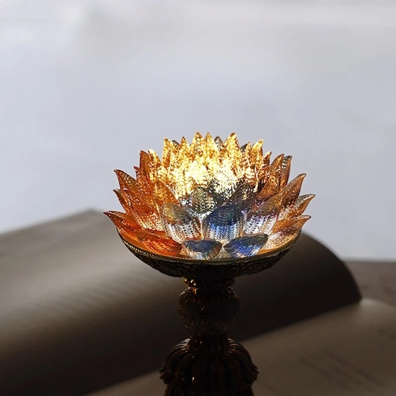 2025 New Colorful Glass Lotus LED Lamp for Buddha Rechargeable Long Lasting Light