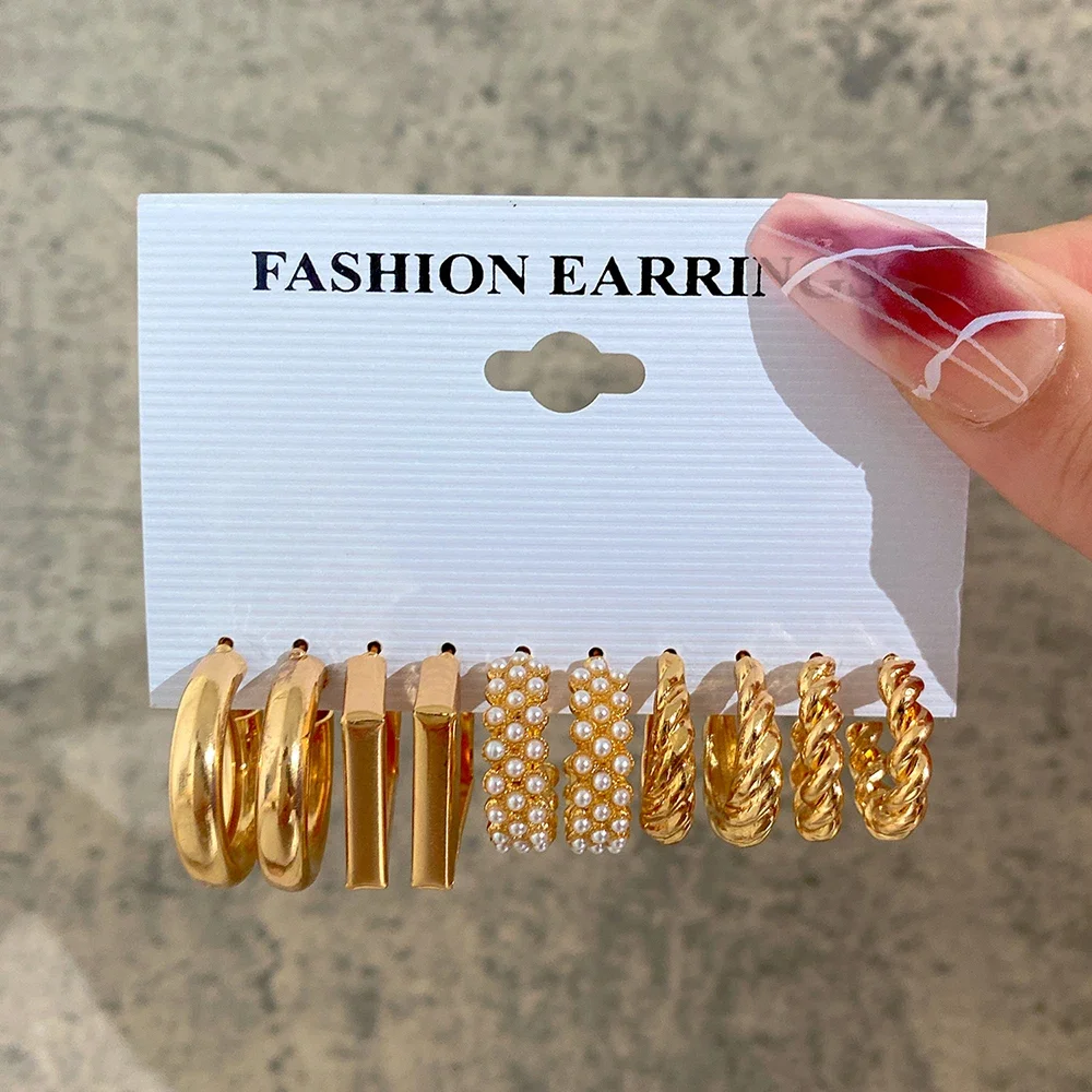 Boho Big Circle Hoop Earring Set for Women, Gold Color Bohemia Vintage Pearl Earring Heart Zircon Ear Studs Jewelry Gifts