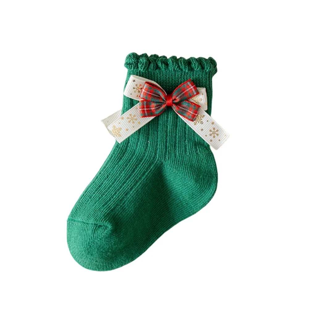 

Elastic Red Green Children Christmas Socks Antlers Christmas Tree Mid Tube Socks Bowknot Hosiery Kid Cotton Socks Christmas