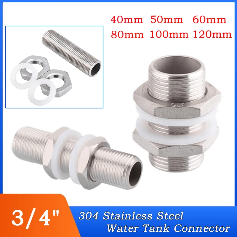 

1~10pcs 3/4" Length: 40/50/60/80/100/120/150mm 304 Stainless Steel Full Thread Bulkhead Lock Pipe Fitting Connector