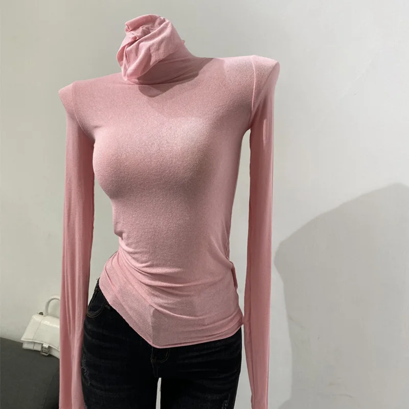 Dünnes, weiches amerikanisches Langarm-T-Shirt mit hohem gestapeltem Ausschnitt, enge Perspektive, Unterhemd für Damen, Slim-Fit-Tops, sexy Streetwear – Detail 6