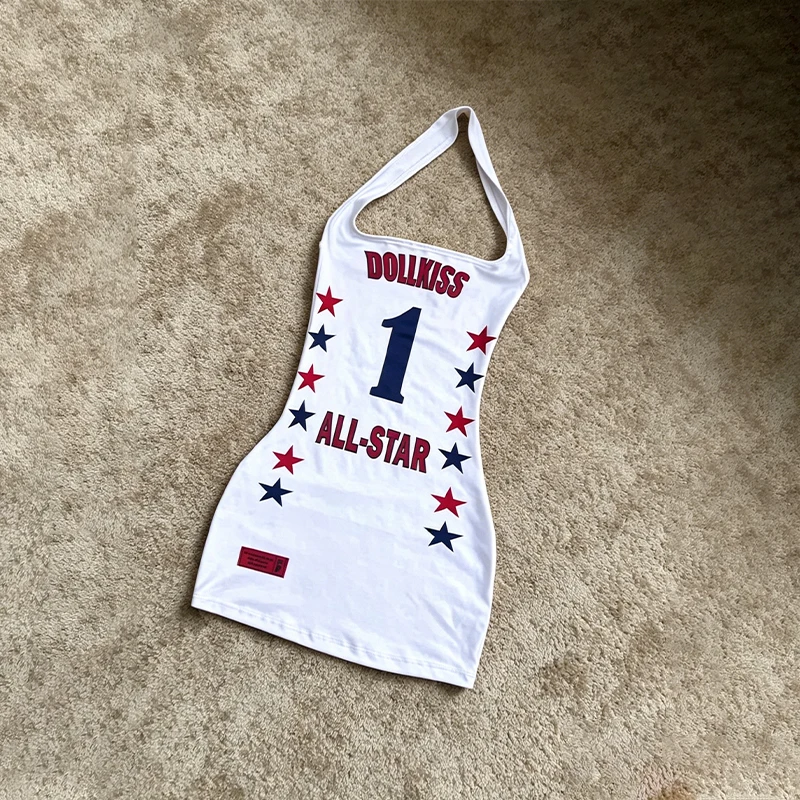 2025 Sommer Sexy Streetwear mit Buchstabenprint Camisole-Kleid Modisches Ärmelloses Minikleid Y2K-Stil Damen Rückenfreies Enganliegendes Kleid