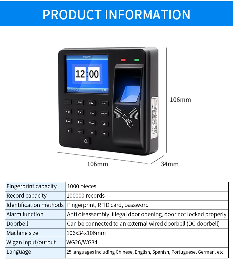 Fingerprint Attendance Biometric Machine System Employee Keypad Electric Time Clock Recorder USB Data Manage Access Control Syst