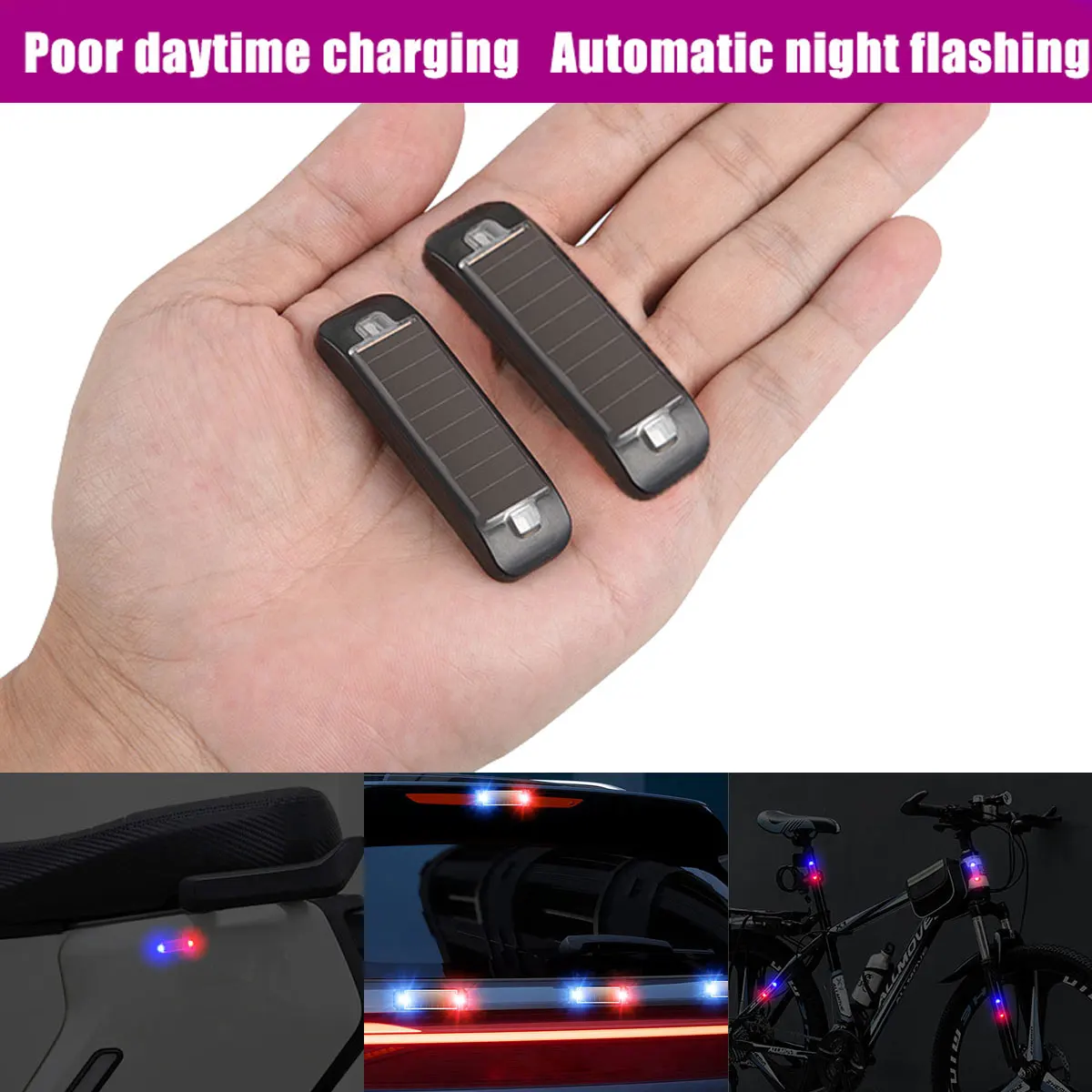 

Car Motorcycles Solar Flash Anti-theft Light Warning Light Prevent Rear-end Collision At Night Red and Blue Flash for Bicycles