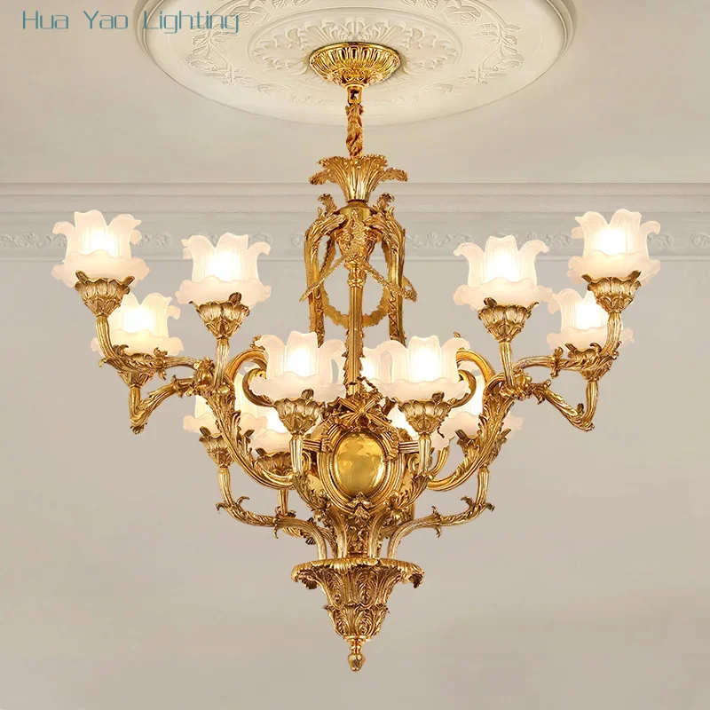 Luxury Classical French Copper Candle Chandelier Hotel Hall Villa Decorative Lighting Brass Glass Shade E14 Pendant Lamp