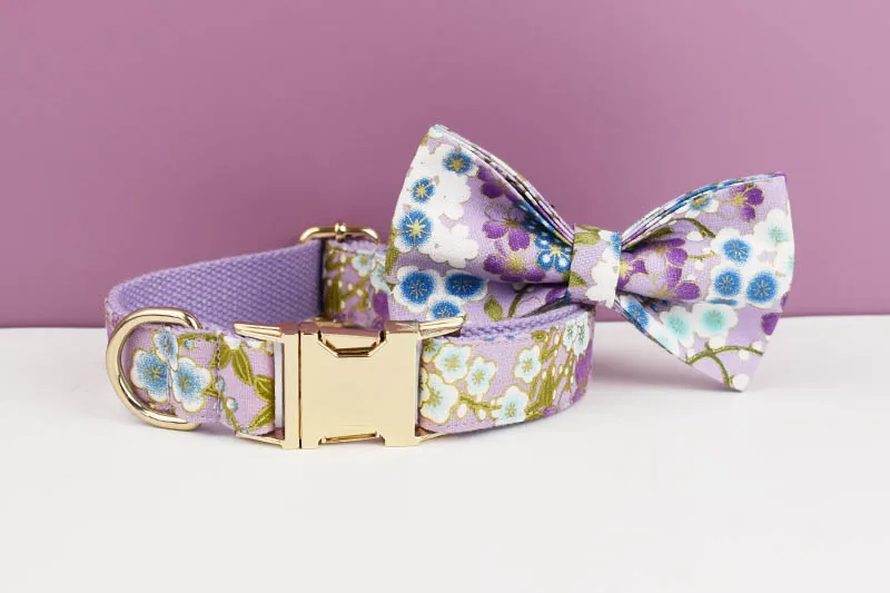 Adjustable Dog Harness Printed Purple Soft Cotton Personalized Dog Collar Leashes Harness Bow Set Dog Accessories Flowers 03