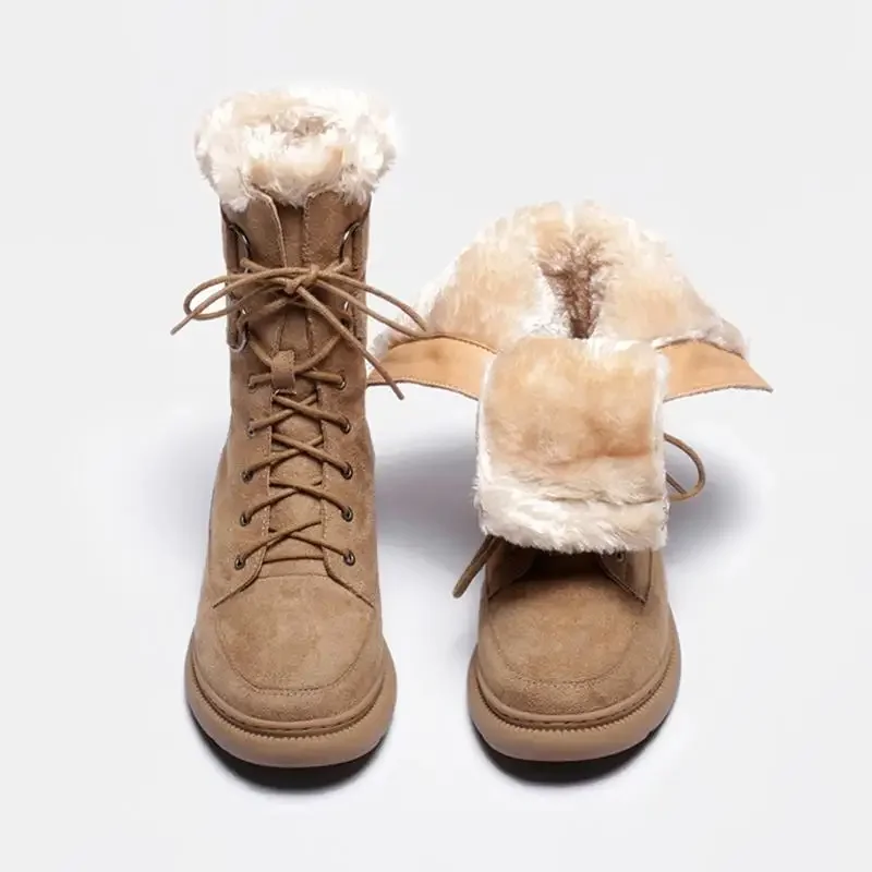 

Elegant With Medium Heels Round Toe Women's Snow Boots Lace-up Laces Spring Autumn Lamb Demi-season Furry Boot 39 Ladies Shoes