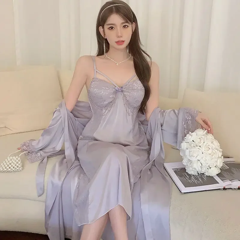 Robe Spring Summer Ice Silk Suspender Sleepwear Women\'s New Loungewear Two Piece Set Long Lace Pajamas Chest Pads Long Sleeves