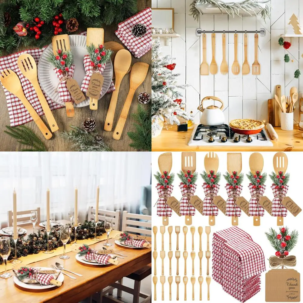 

Bamboo Kitchen Utensil Set: 24-Piece Christmas Themed Spatulas, Spoons, Picks, and Waffle Towel for Mom's Holiday Cooking Decor