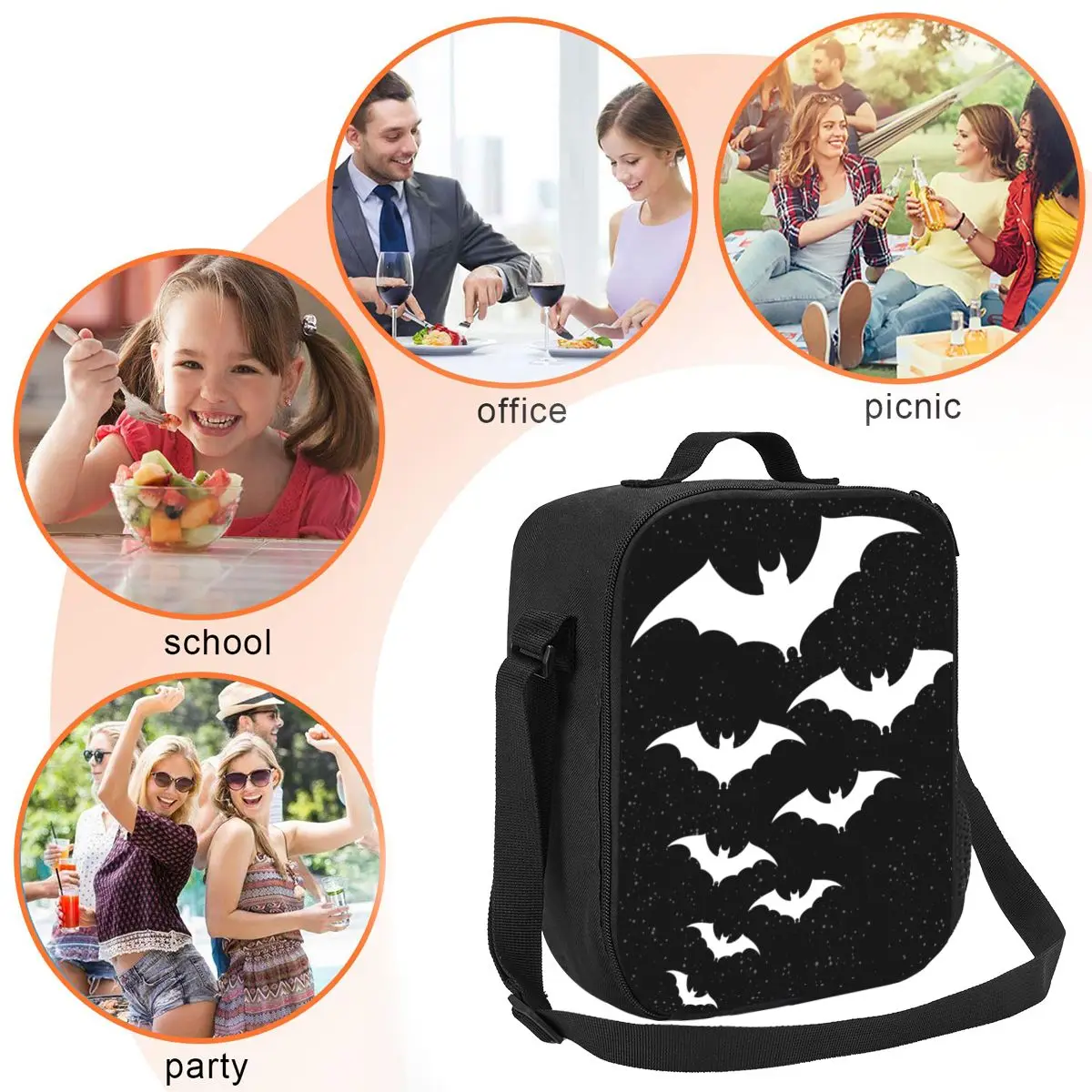 Custom Bats In The Night Lunch Bag Men Women Halloween Goth Occult Witch Thermal Cooler Insulated Lunch Box for Kids School