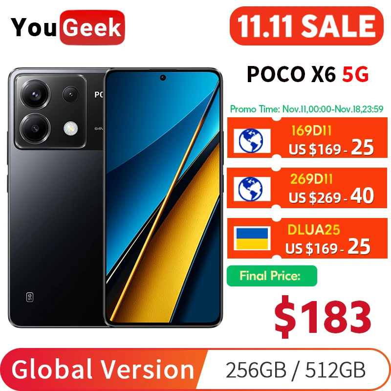 Global Version POCO X6 5G Smartphone 1.5K 120Hz AMOLED 64MP Main Camera 5100mAh 67W Turbo Charging Snapdragon 7s Gen 2 MIUI 14