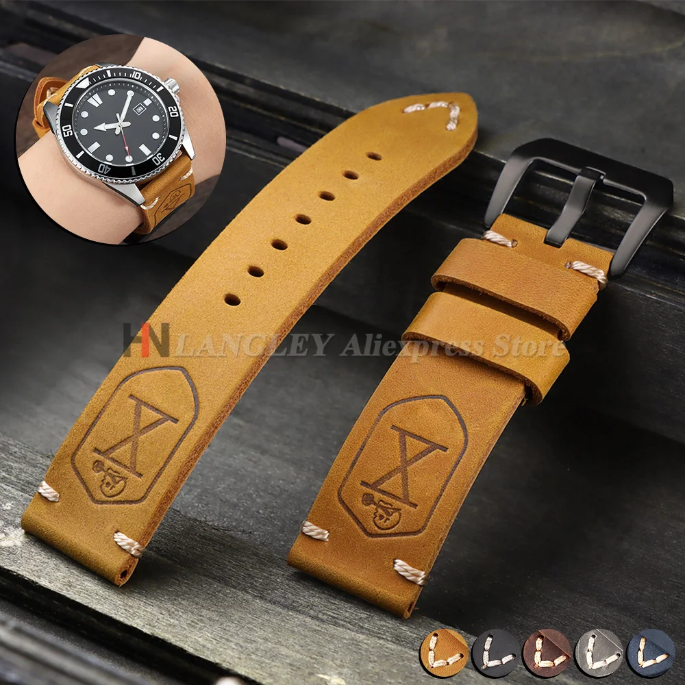 20mm 22mm 24mm 26mm Handmade First Layer Cowhide Leather Watch Band Brown Black Strap for Panerai for Omega Men Sport Bracelets