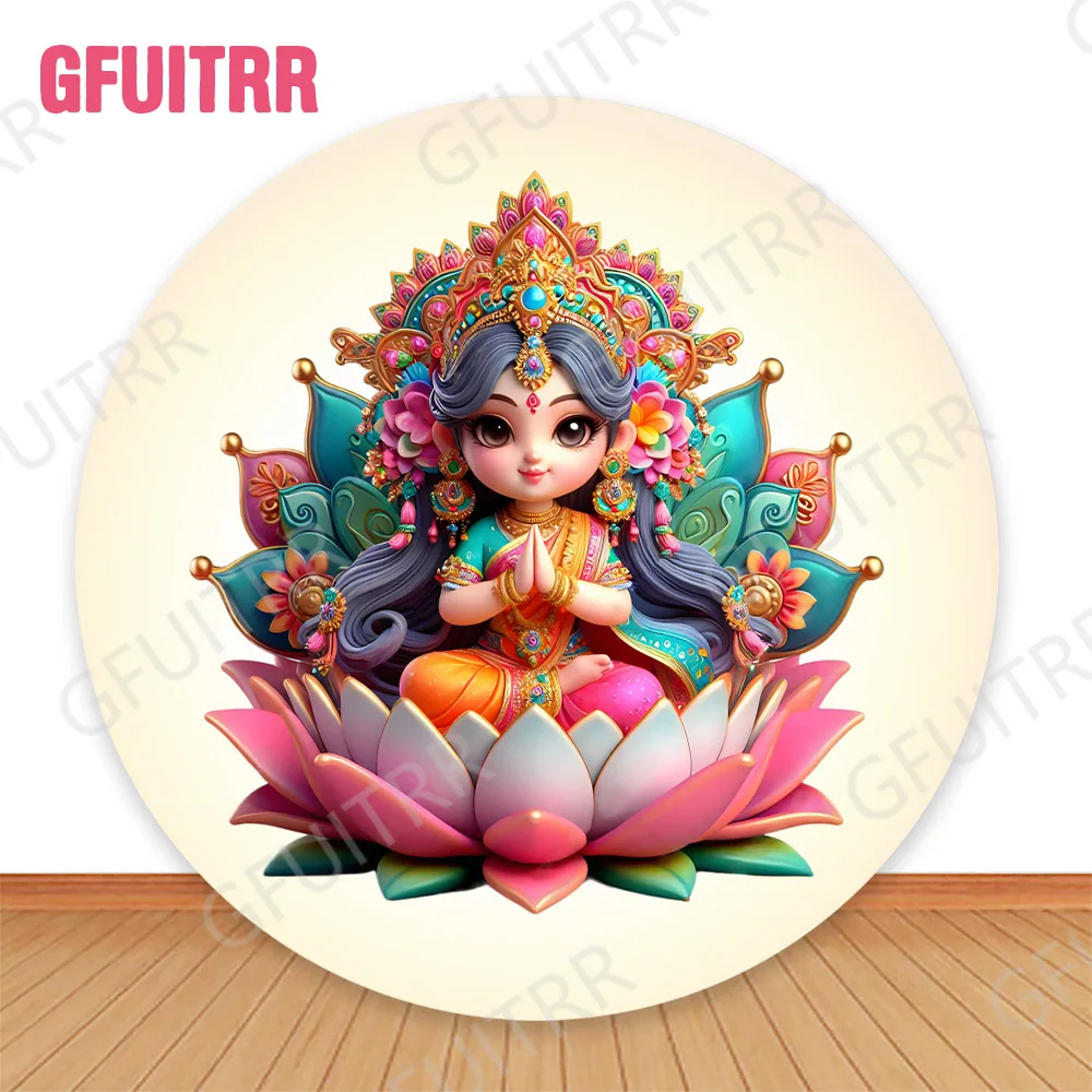 Krishna Theme Round Photo Backdrop Cute Cartoon Yasodha and Krishna Party Decoration Indian Religion Pattern Background Covers