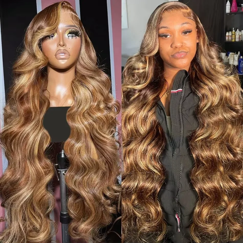 13x4 HD Highlight Ombre Body Wave Peruki Ludzkie Włosy 4/27 Blond Brązowa Peruka 13x6 Koronkowa Peruka Przednia Kolorowe Ludzkie Włosy Dla Kobiet