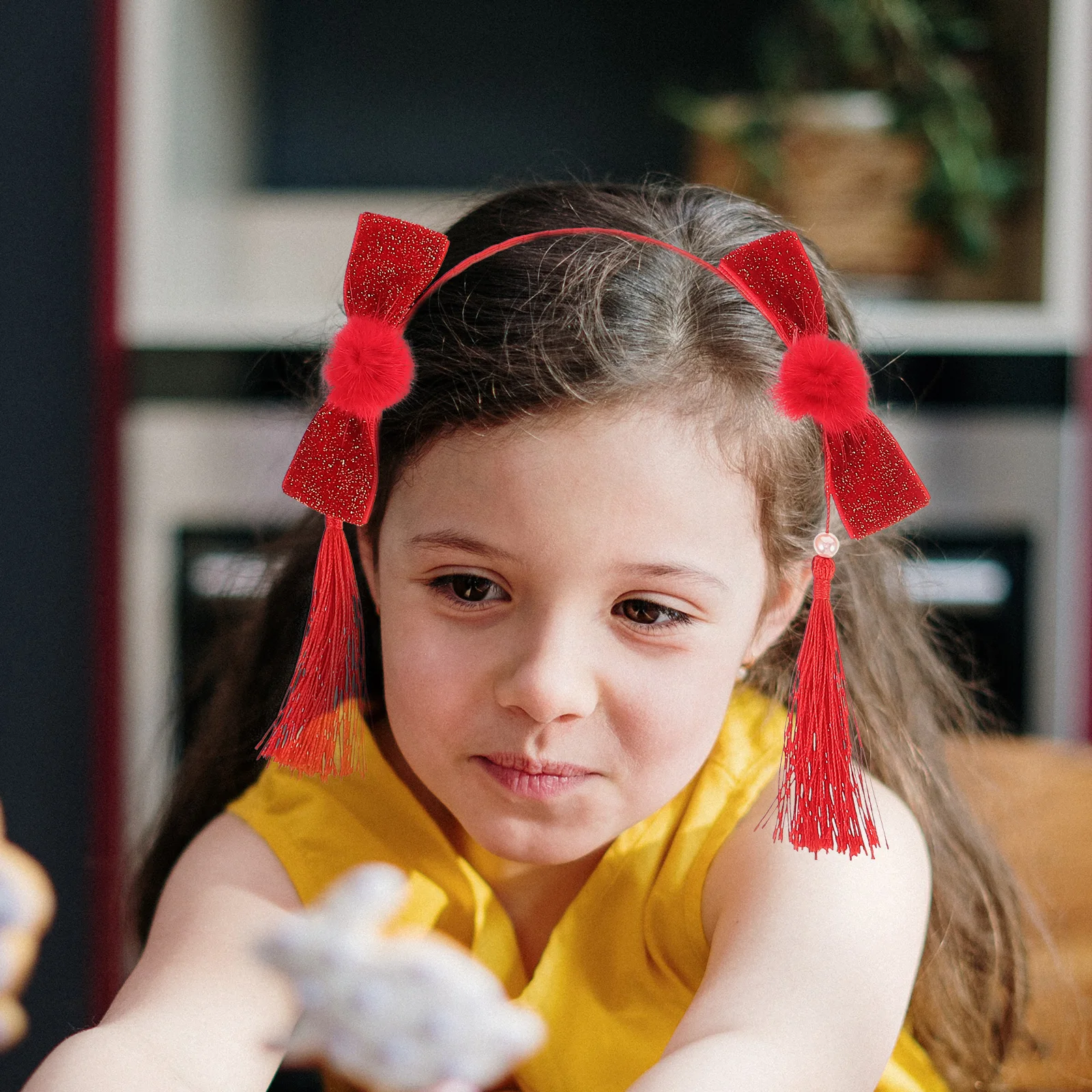 

2 Packs Red Golden Bow Hair Accessories Girls Chinese New Year Spring Festival Hanfu Tassel Balls Headband