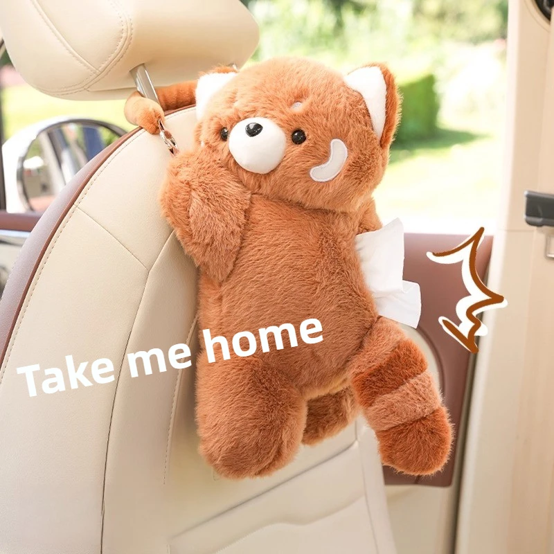 صندوق مناديل السيارة المعلق - تصميم دمية الراكون اللطيفة من القطيفة، حقيبة مناديل متعددة الوظائف لمقعد السيارة الخلفي