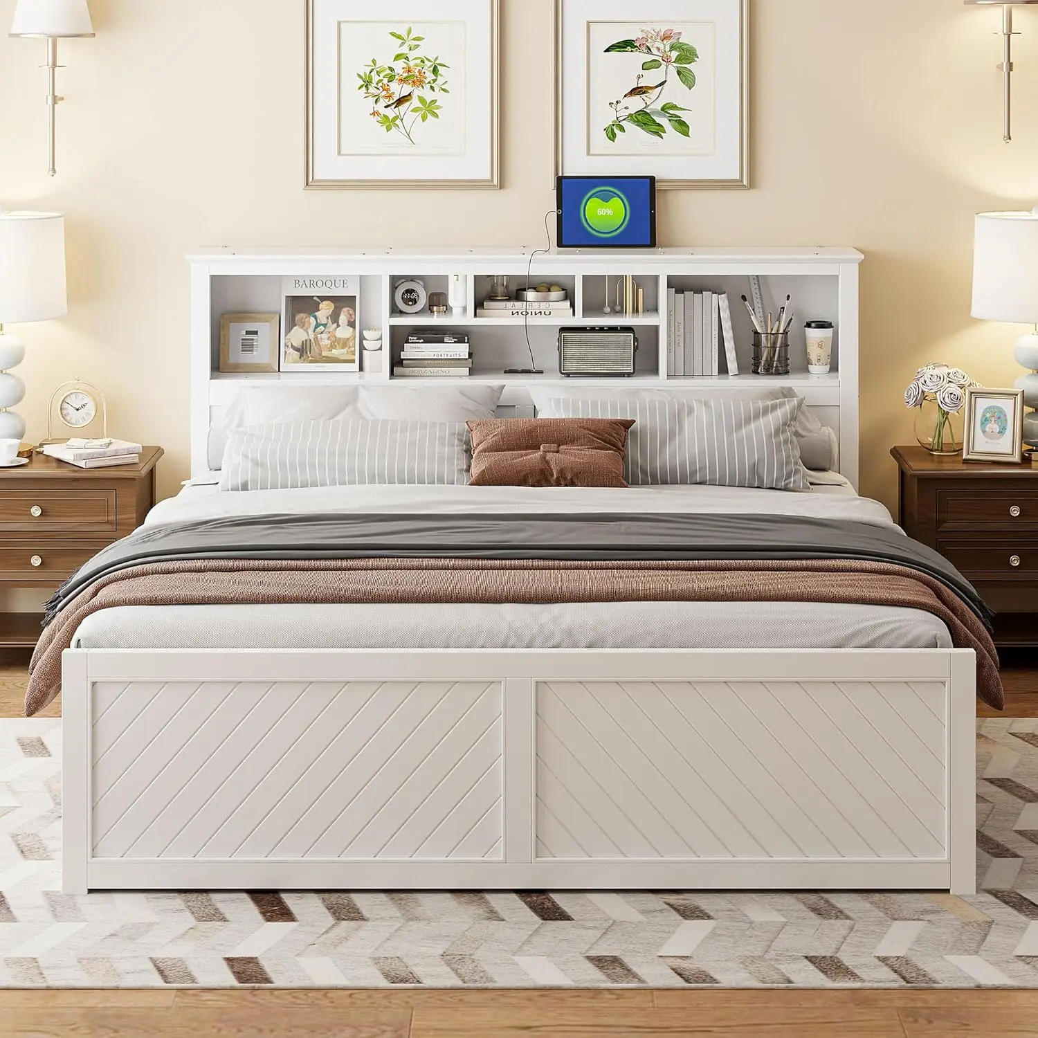 King Size Platform Bed with Bookcase Headboard and Storage Drawers, Wood King Storage Bed Frame with USB, White image 2