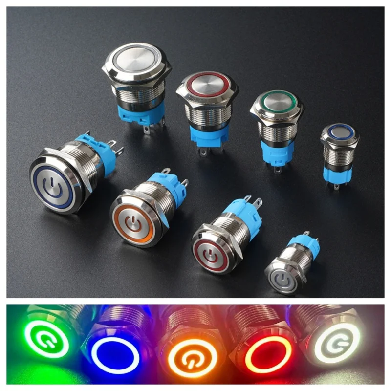 12 16 19 22MM Metal Button Switch LED Light Waterproof Momentary  Self-Locking Car Engine Power Supply 5V 6V12V24V 220V Red Blue