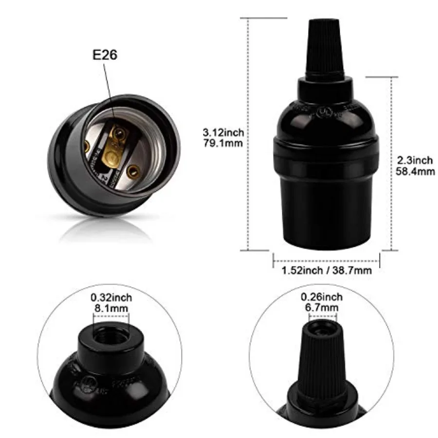 E26 Vintage Lamp Socket, UL-Listed, Edison Bulb Pendant Light Sockets Replacement, Retro Black Lampholder for Light Fixture Par