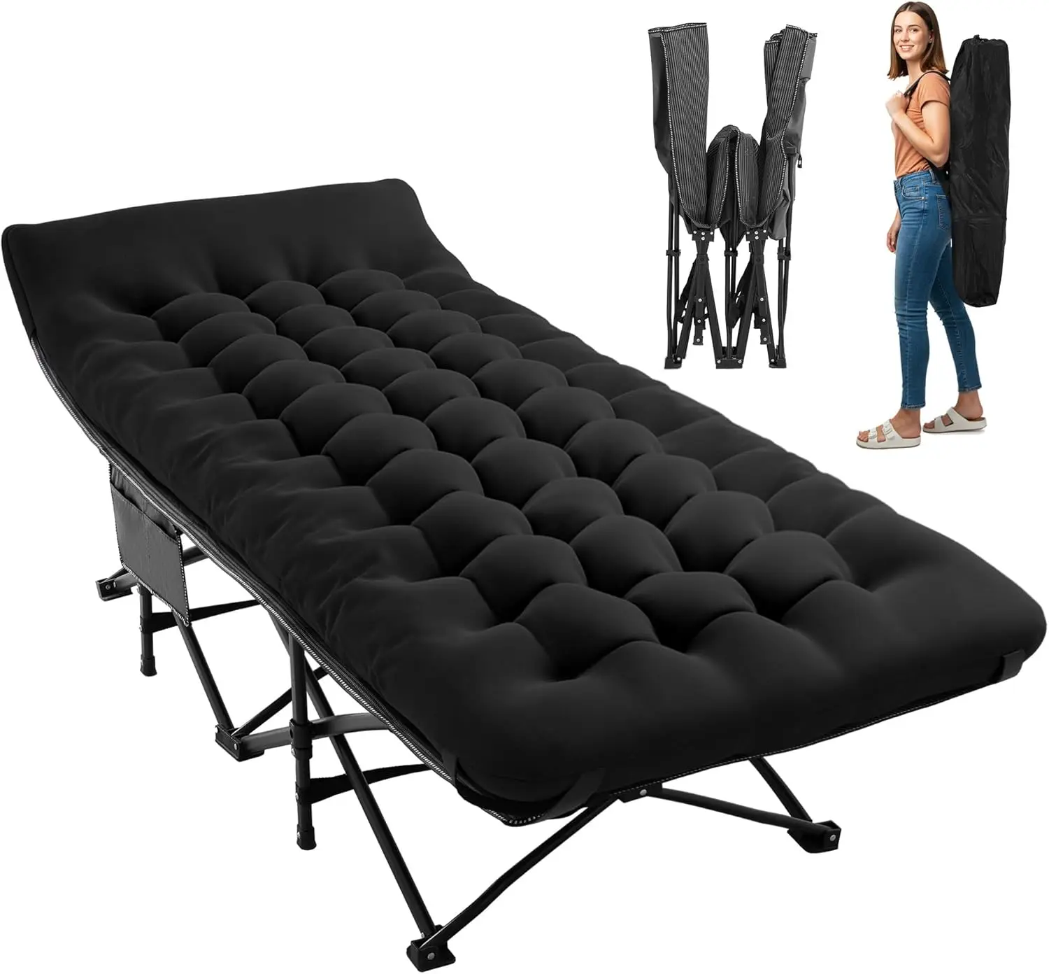 

Сверхширокая раскладная кровать для кемпинга с матрасом, сверхпрочная, портативная, складная, для взрослых, для гостей, путешествий, походов, черная