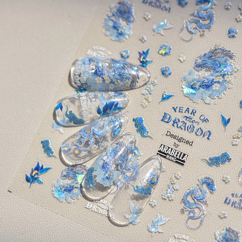 1pc 5D Noble Chinese Dragon Nail Decal Ye Xiangyun Embroidery Butterfly Red Blue Embossed Nail Art Sticker Decorative Sticker