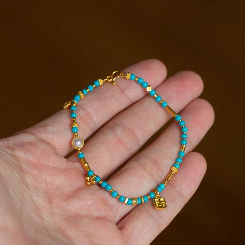 

Ancient French Gold High Porcelain Blue Turquoise Gold Ring Bracelet Women's All-match Elegant All-match Wealth-making Bracelet