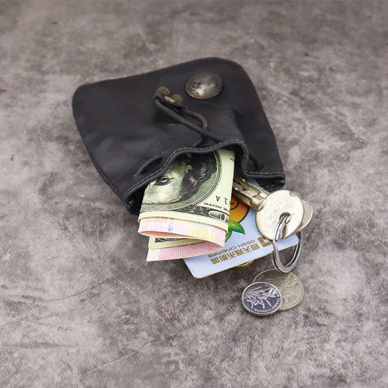 Handmade Vintage Wrinkled Coin Purse Top Layer Cowhide Coin Purse Drawstring Pull-out Money Bag