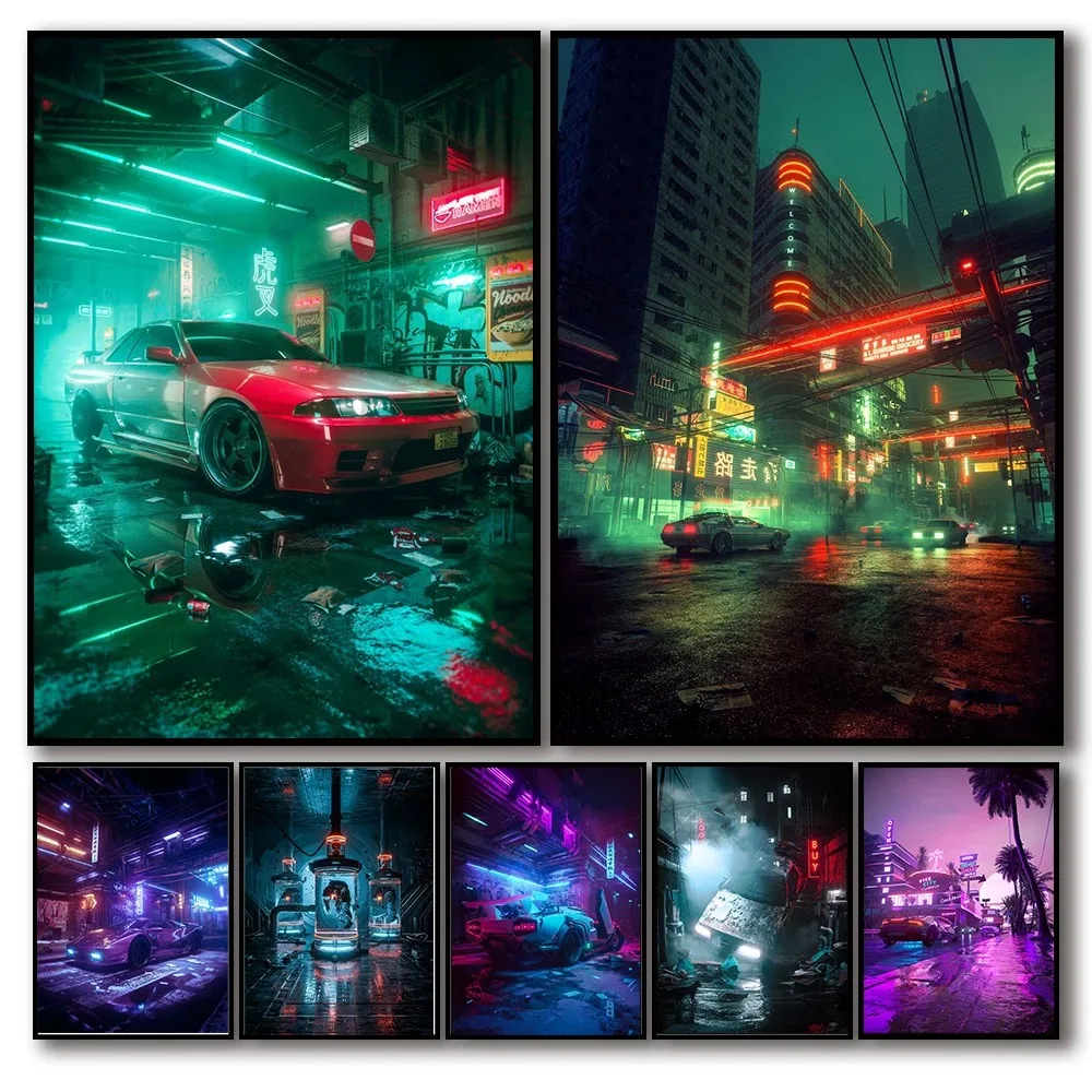 Retro Neon Street Landscape Car Posters For Room Living 80s Aesthetic Painting Canvas Print Art Home Wall Decor Pictures Gifts