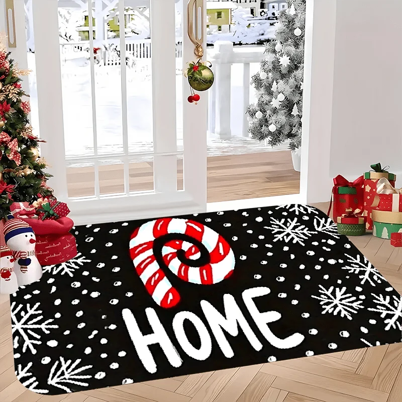 Meowy Christmas Front Door Mat  Red Plaid Antler Cat Glasses Snowflake Reindeer Bauble Print Winter Holiday Welcome Doormat