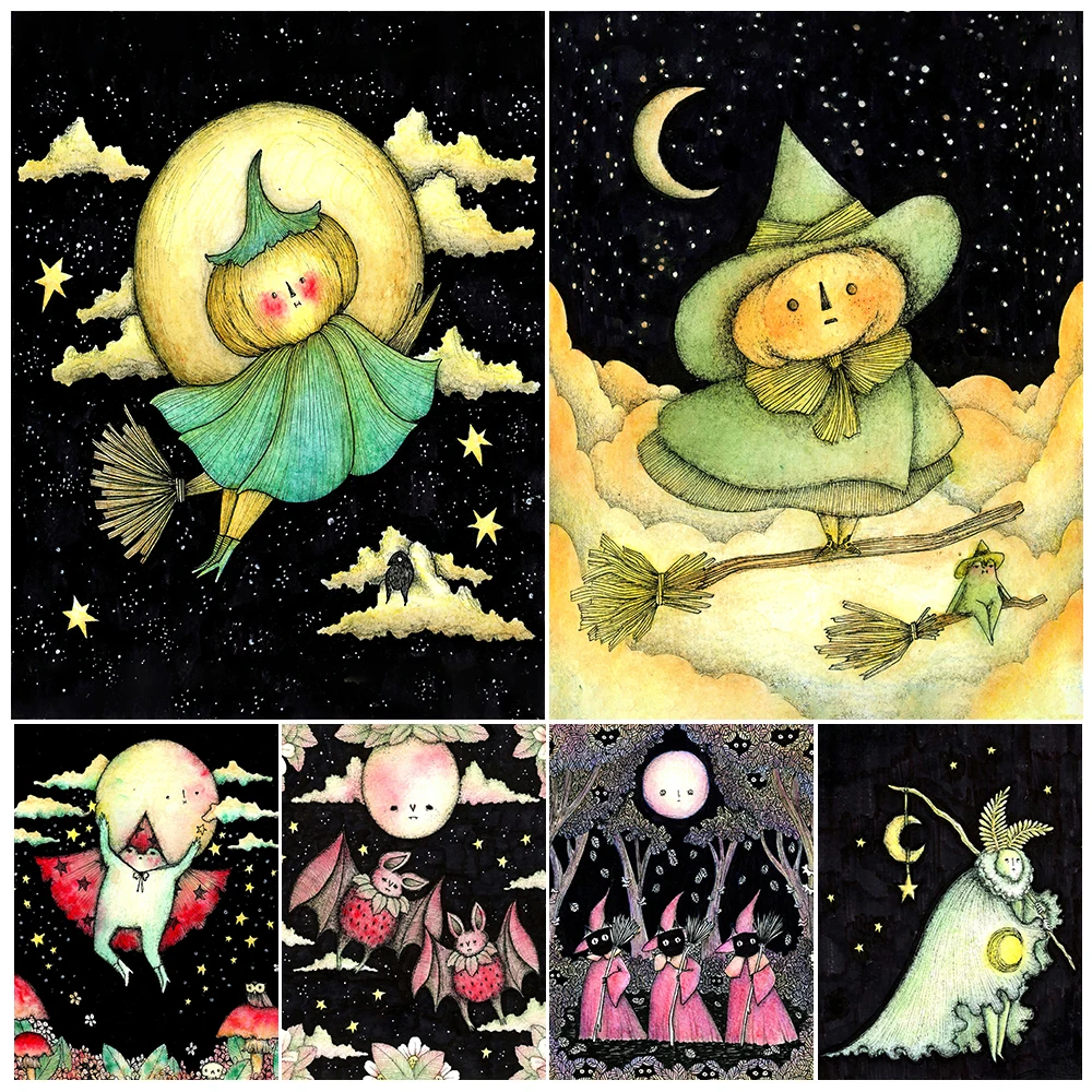 Flying Pumpkin Witch And Frog Wizard Vintage Wall Art Canvas Print Mushroom Elves And Lovely Frogs Art Poster Print Home Decor