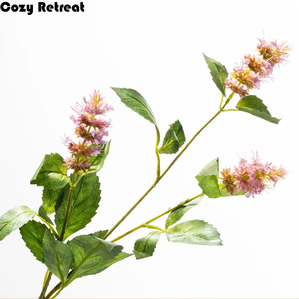 3 Cabezas de Pogostemon Artificial, Tallo Alto, Planta Falsa, Rama de Pachulí Artificial, Textura Realista, Flor con Púas, Pogostemon Cablin