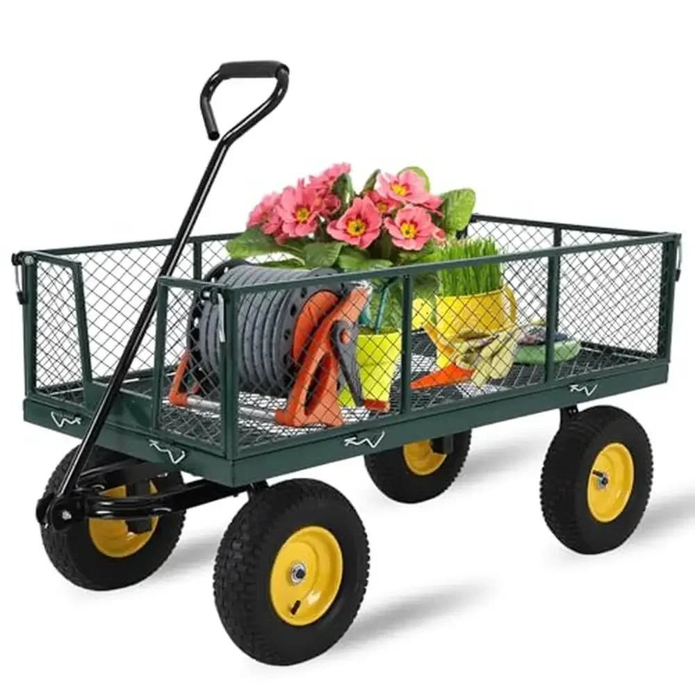 

Heavy Duty All-Steel Garden Utility Wagon Cart with Removable Mesh Sides 1500Lbs Capacity Flatbed Design 10" Pneumatic Rubber