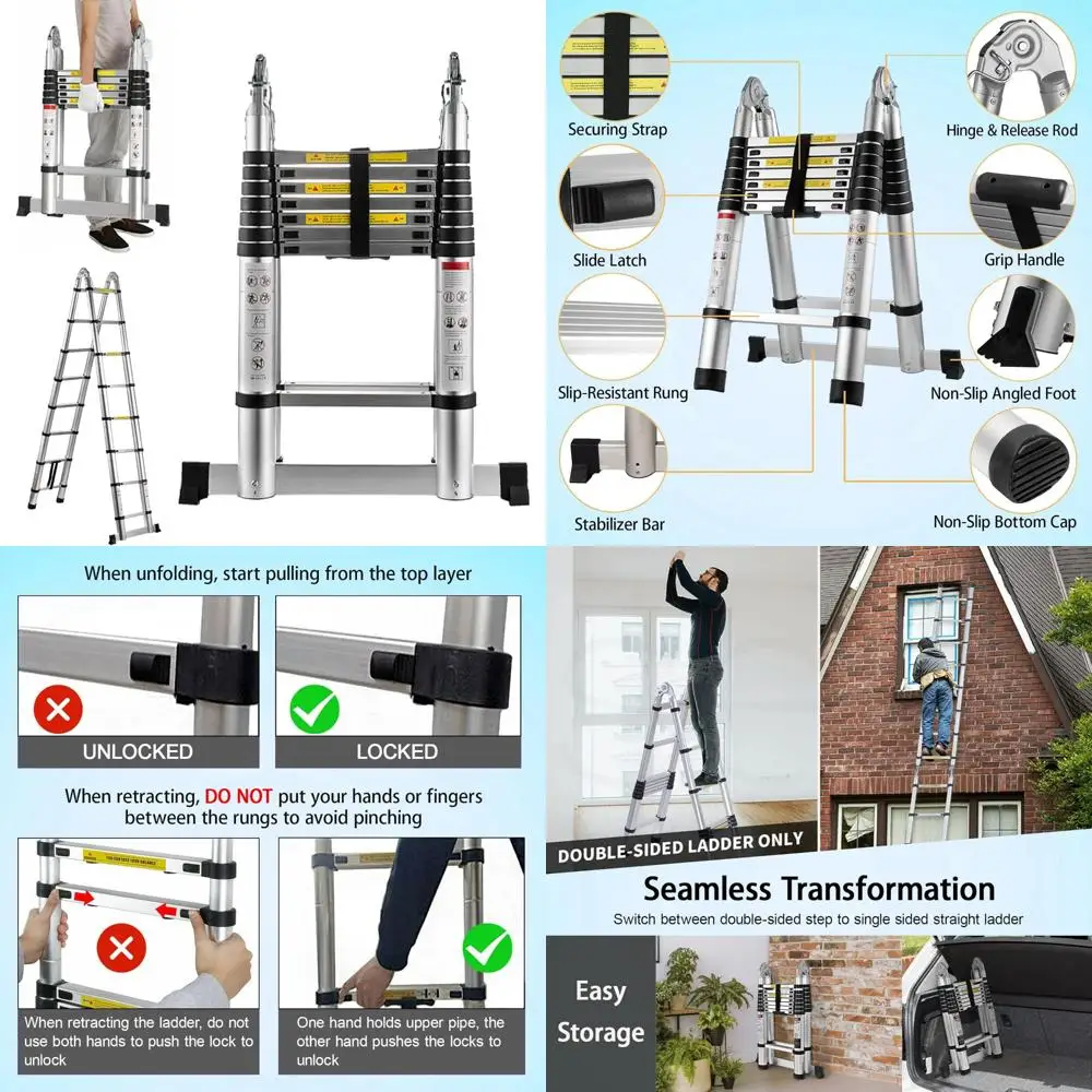 

Heavy Duty 16.5FT Aluminum Telescoping Extension Ladder with 330lb Capacity, A-Frame Foldable, Portable 2-in-1 Ladder for Outdoo