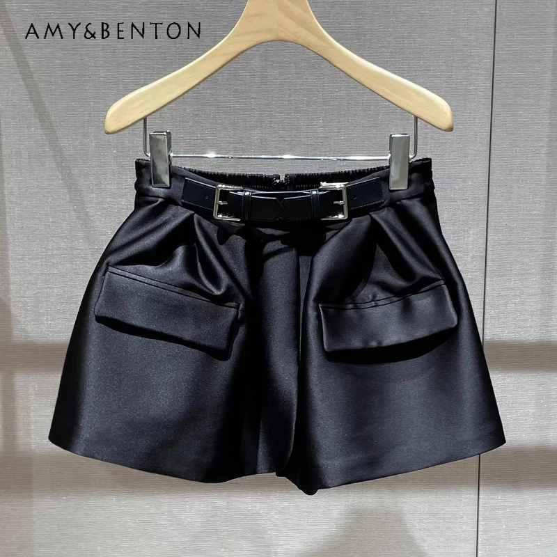 

Оригинальный дизайн, черные женские шорты с высокой талией, весна 2026, для работы и повседневной носки, универсальные, А-силуэт, широкие брюки для женщин